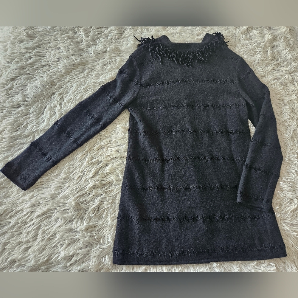 VINTAGE Fendi Cardigan Sweater Appliqué Stitched Fringe Collar Black Womens 42 8 - Picture 5 of 14